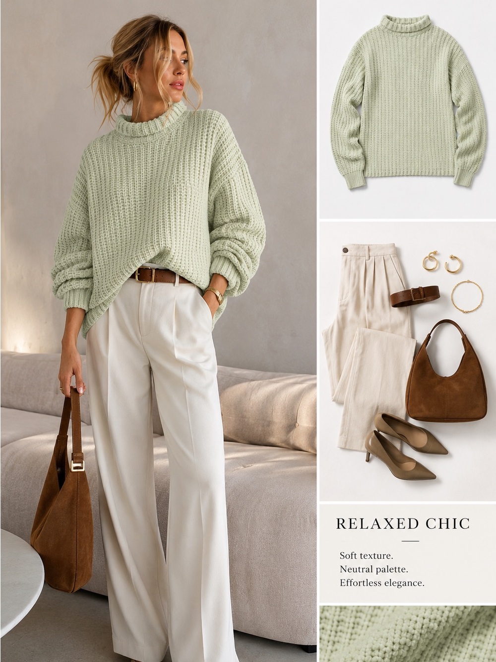 Sally LaPointe Light Sage Knit Turtleneck Sweater